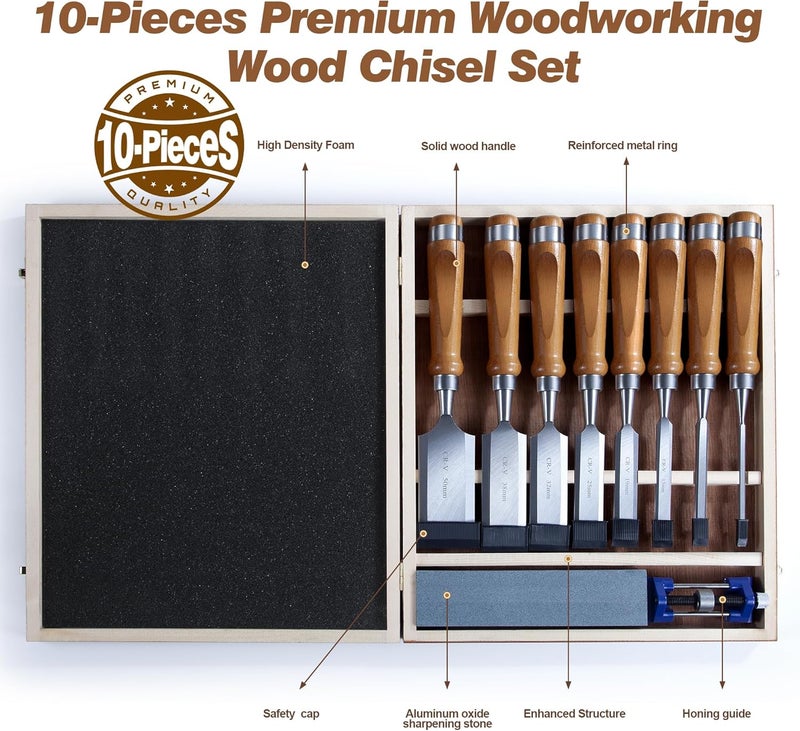 Mount Jasper 10 Pieces Wood Chisel Set, 1/4"~2" Woodworking Chisel Kit with Sharp CR-V 60 Steel Blades, Wooden Box, Honing Guide, Sharpening Stone for Carpenter Craftsman Woodworker - Image 4